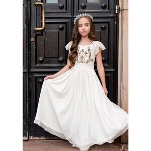 Mia Joy Girls Dress Size 12 Ivory With Gold & Brown Beaded Floral Accents Cap Sl